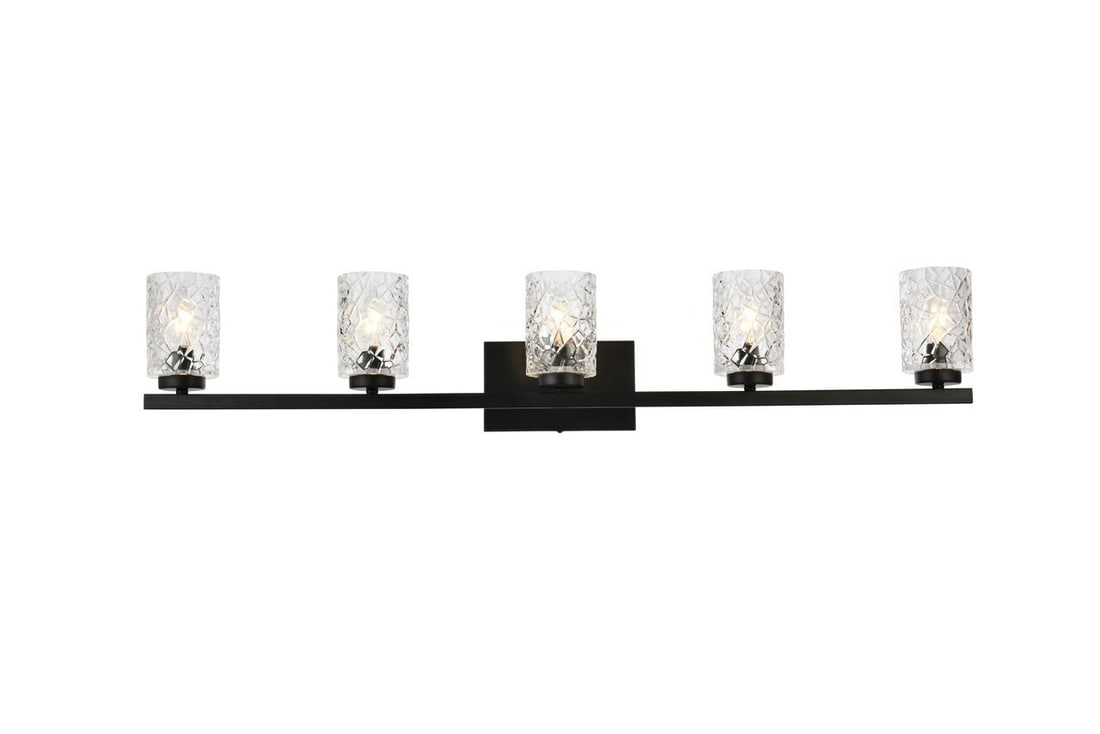 Cassie 5 Light Black Wall Sconce With Glass Shades for Dining or Bathroom: Cassie 5 Light Black Wall Sconce With Glass Shades for Dining or Bathroom This modern wall sconce features a black frame with five clear glass round shades, providing downward lighting. Designed for i