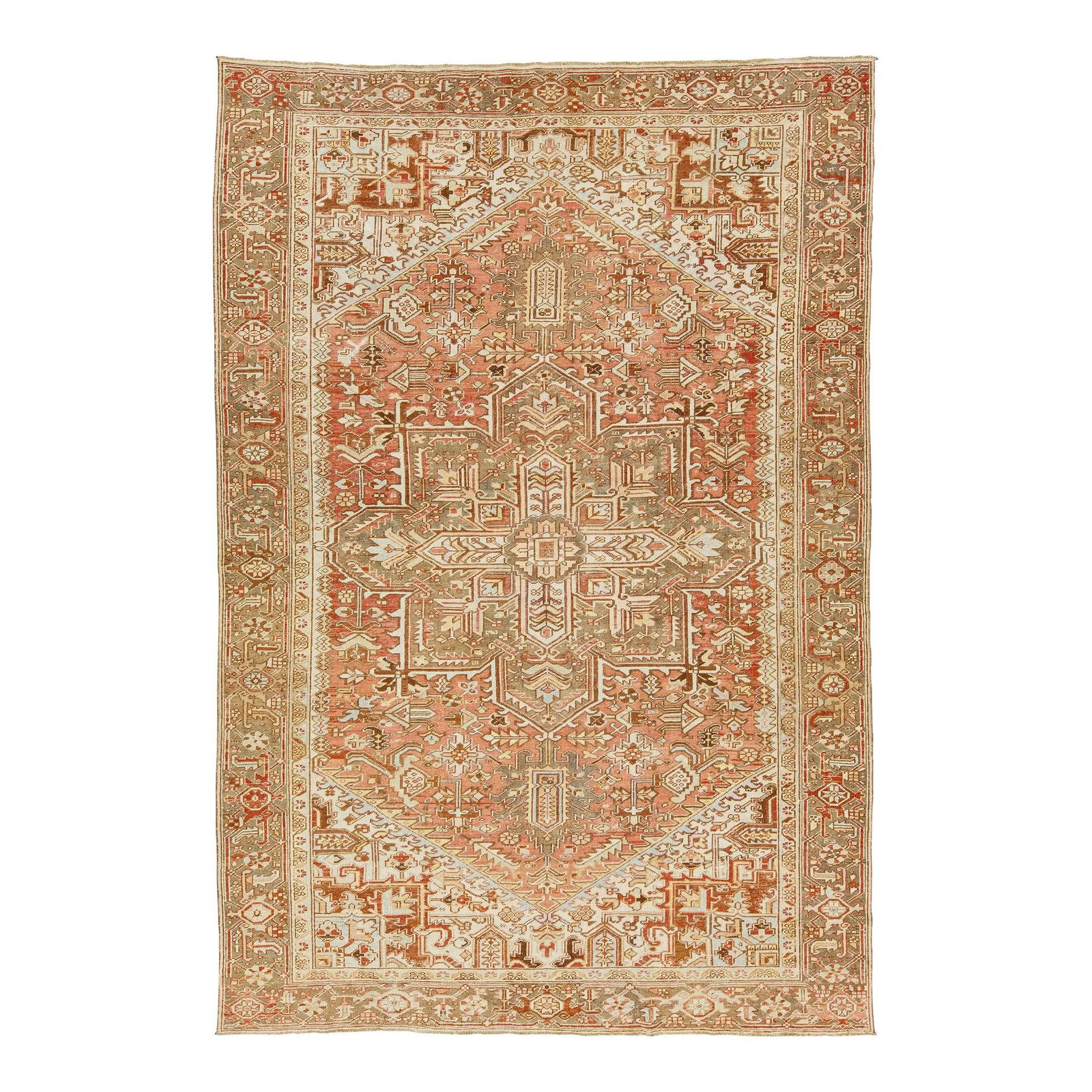 1920s Antique Persian Heriz Wool Rug Rust Medallion 7'11 x 11'9: 1920s Antique Persian Heriz Wool Rug Rust Medallion 7'11 x 11'9 This exquisite 1920s Persian Heriz rug features a stunning rust-orange field intricately hand-knotted from wool. The captivating allover