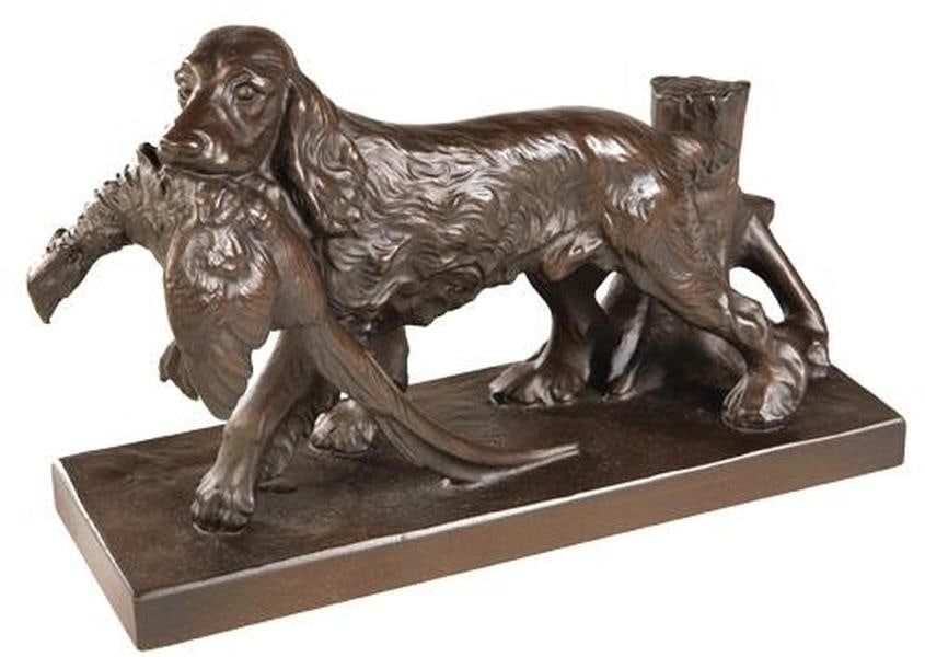 Lodge Style Hand-Cast Brittany Spaniel Sculpture with Pheasant: Lodge Style Hand-Cast Brittany Spaniel Sculpture with Pheasant Enhance your decor with this exquisite hand-cast and hand-painted sculpture featuring a Brittany Spaniel with a pheasant. Crafted from hi