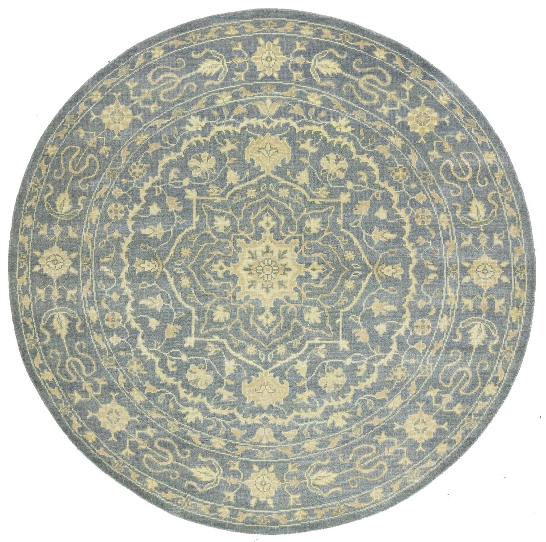 Handmade Round Floral Oriental Rug 70 in Transitional Design: Handmade Round Floral Oriental Rug 70 in Transitional Design Enhance your living space with this stunning Round Handmade Oriental Rug, featuring a beautiful floral pattern and a transitional design. C
