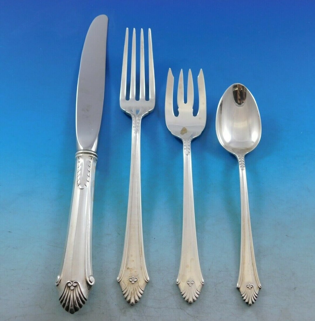 Gorham Edgemont Sterling Silver Flatware Set for 12 50 pcs with Storage Chest: Gorham Edgemont Sterling Silver Flatware Set for 12 50 pcs with Storage Chest Discover the elegance of the Edgemont pattern by Gorham with this exquisite sterling silver flatware set designed for 12.