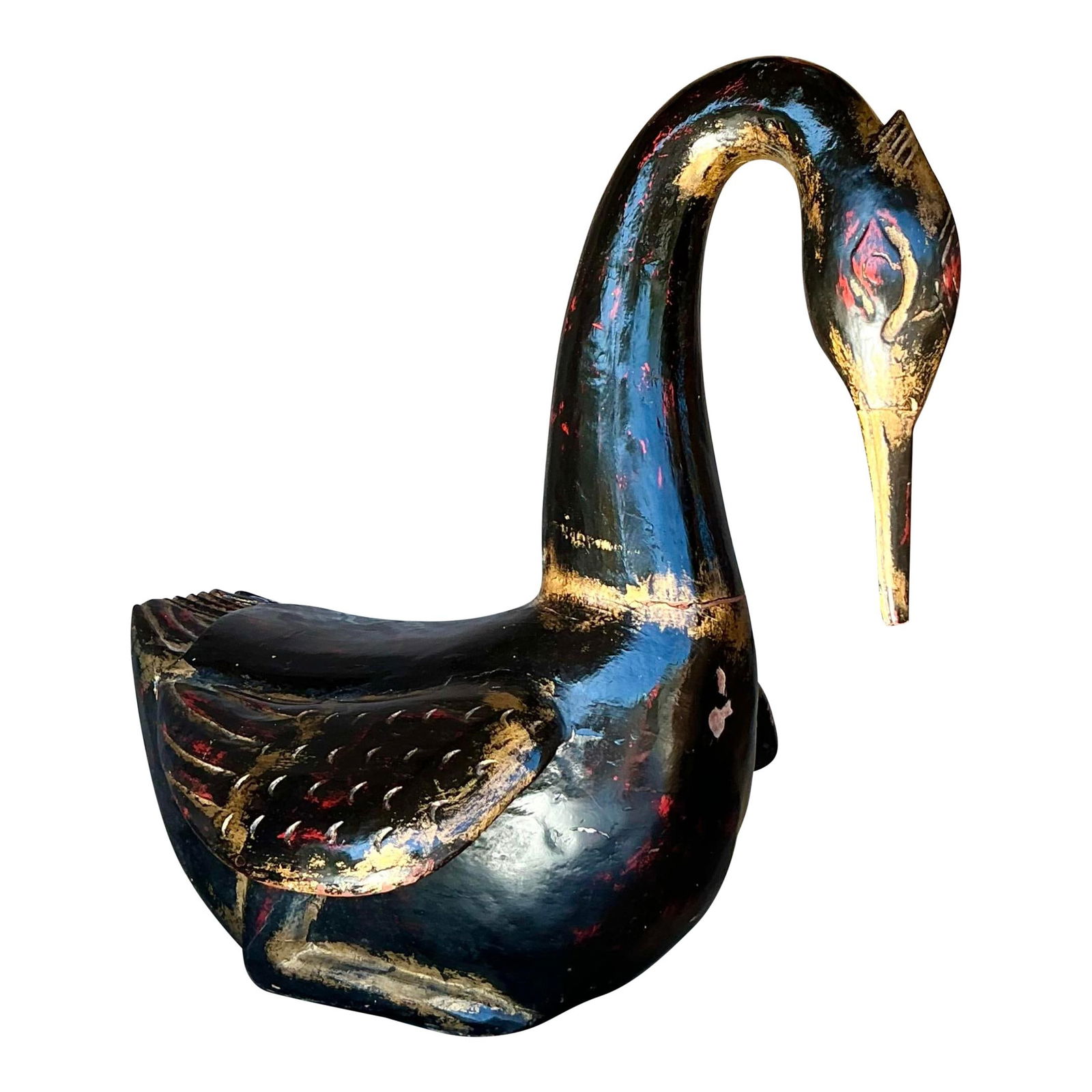 Vintage Boho Hand Painted Wood Swan Sculpture Black Gold Accents: Vintage Boho Hand Painted Wood Swan Sculpture Black Gold Accents This exquisite vintage swan sculpture embodies bohemian elegance, featuring intricate hand-painted details and artistic finesse. The pi