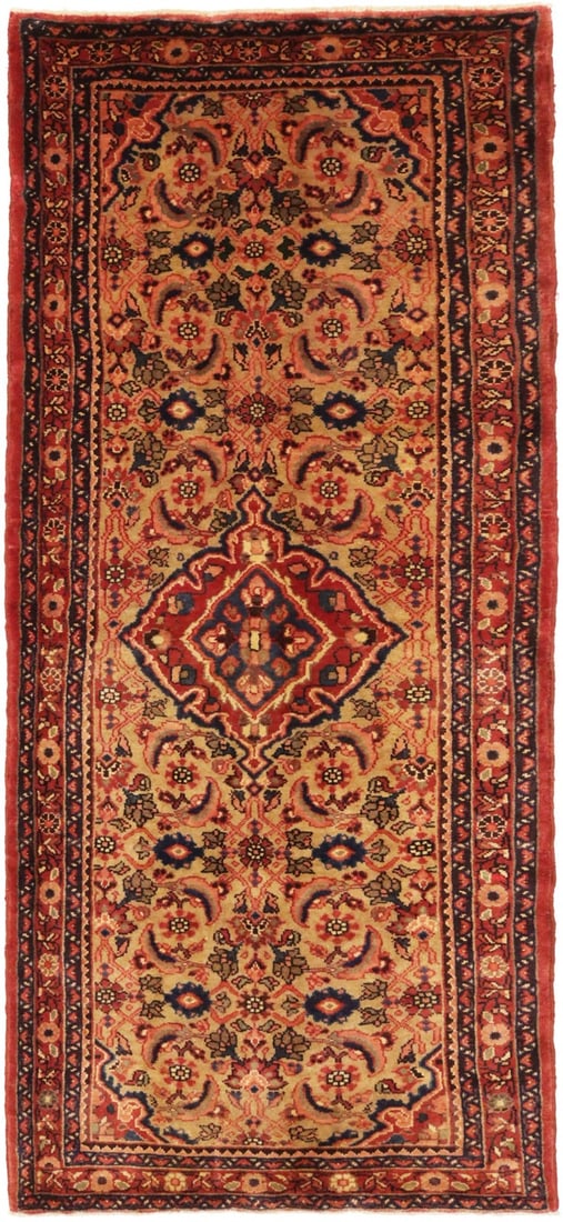 Vintage Floral Wool Area Rug 3'6 x 7'9 Golden Beige Tribal Design: Vintage Floral Wool Area Rug 3'6 x 7'9 Golden Beige Tribal Design Enhance your living space with this exquisite vintage Oriental rug, measuring 3'6" x 7'9". This stunning piece features a floral desig