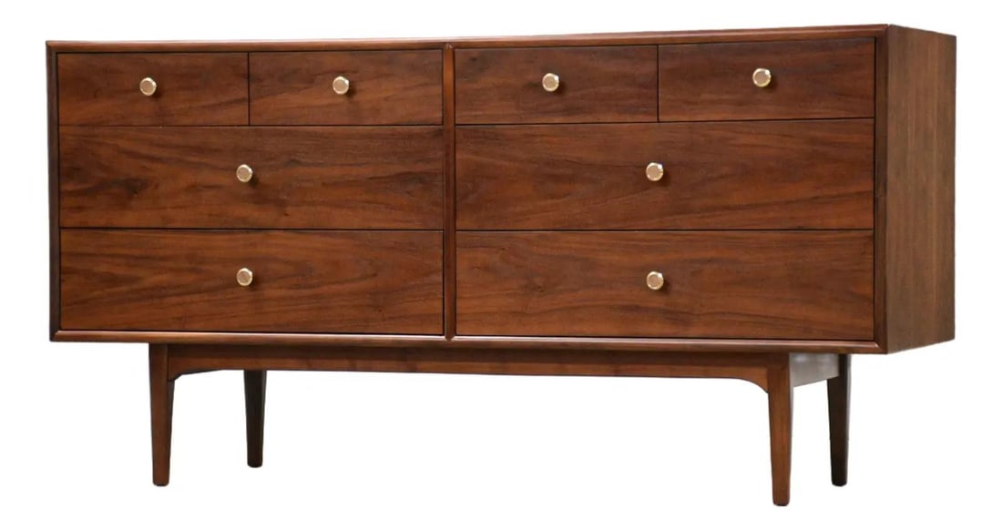 Mid Century Modern Kipp Stewart Walnut Dresser for Drexel: Mid Century Modern Kipp Stewart Walnut Dresser for Drexel This stunning mid-century modern dresser, designed by Kipp Stewart and Stewart MacDougall for Drexel, showcases a refined walnut finish and fe