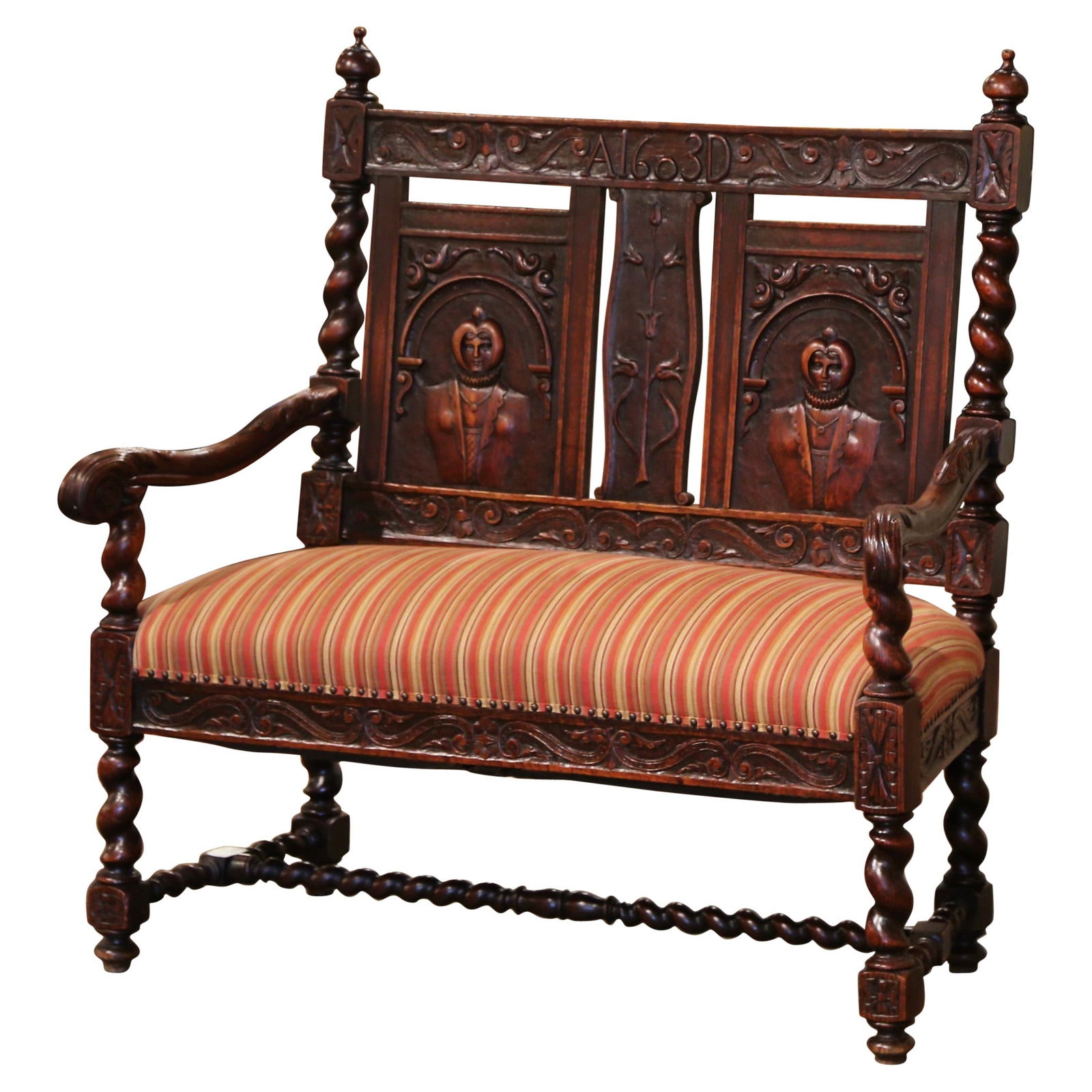 19th Century French Gothic Barley Twist Walnut Bench with Upholstered Seat: 19th Century French Gothic Barley Twist Walnut Bench with Upholstered Seat Enhance your space with this exquisite 19th-century French Gothic bench, perfect for adding extra seating to a hallway, libra