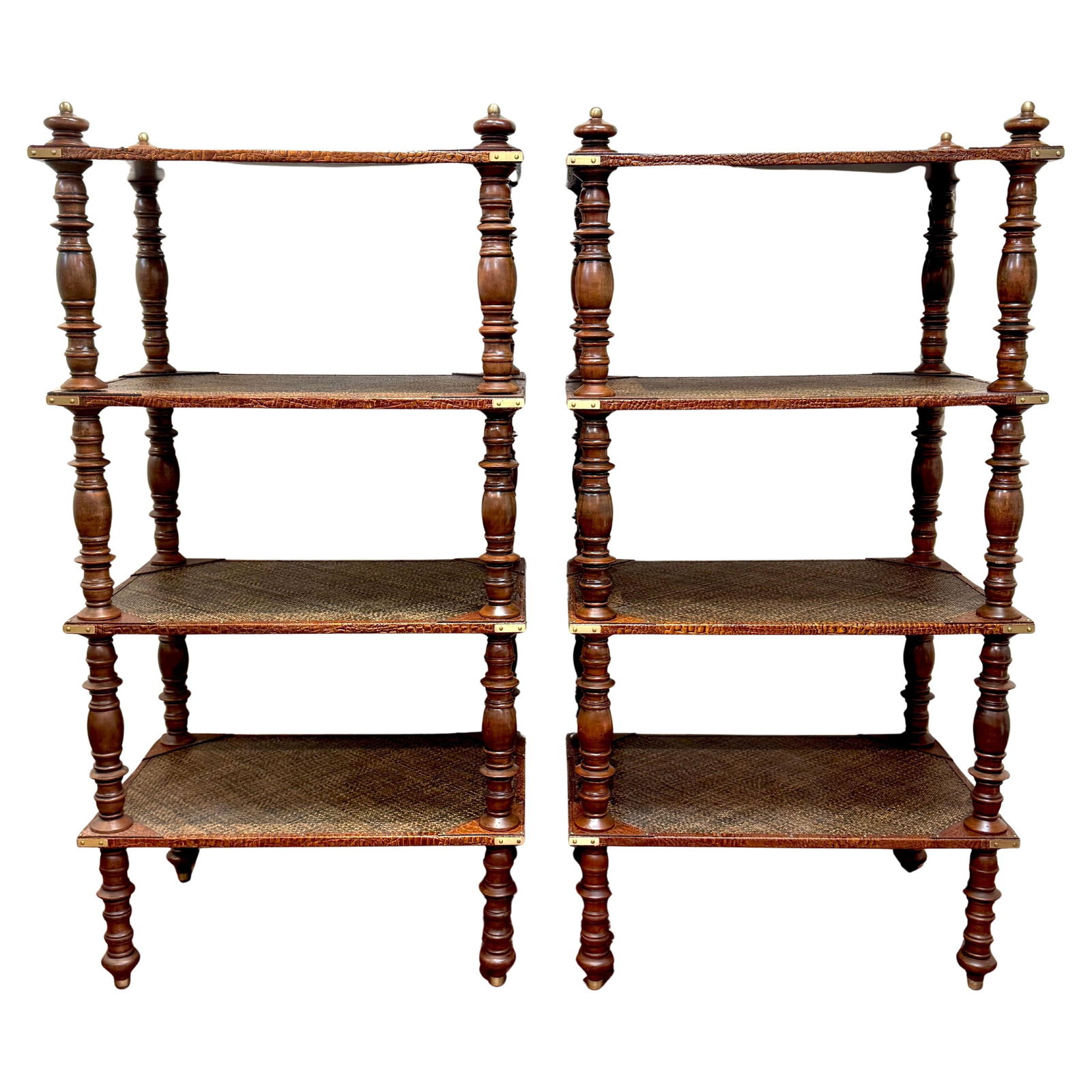 Set of 2 Anglo-Indian Leather Brass Rattan Four-Tier Etageres: Set of 2 Anglo-Indian Leather Brass Rattan Four-Tier Etageres This exquisite pair of four-tier Anglo-Indian etageres showcases a harmonious blend of leather, brass, and rattan. Standing at 72 inches t