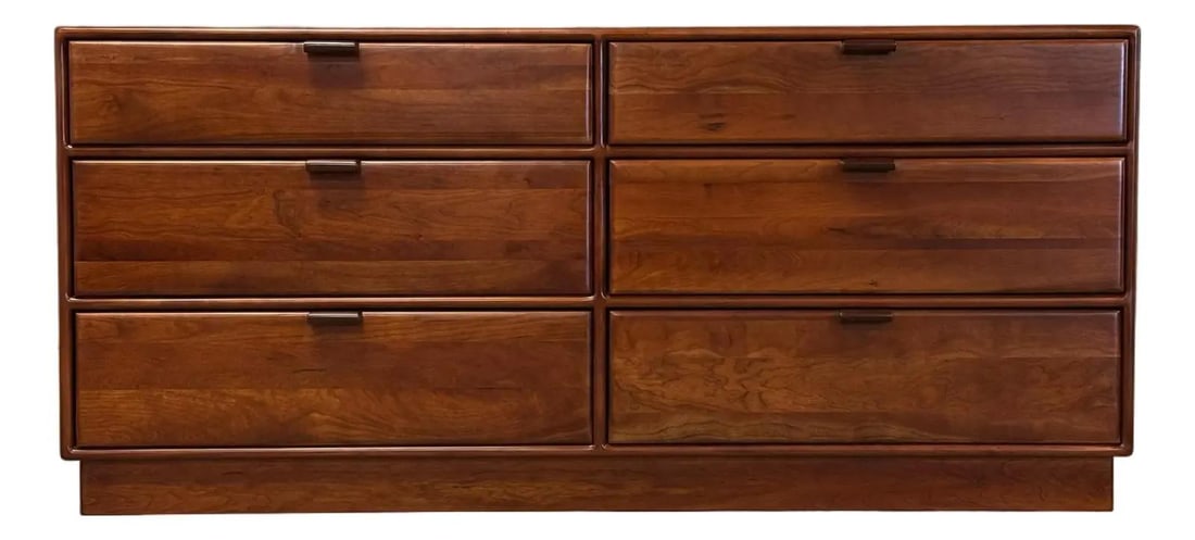 1960s Mid Century Modern Cherry Wood Dresser with Dovetails: 1960s Mid Century Modern Cherry Wood Dresser with Dovetails This stunning mid-century modern dresser showcases a timeless design with six spacious drawers and a sturdy plinth base. Expertly refinished