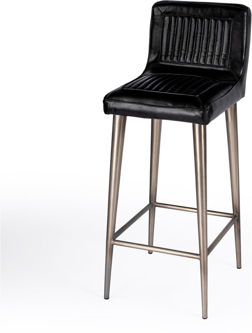 Butler Black Goat Leather Bar Stool Industrial Style Iron Frame: Butler Black Goat Leather Bar Stool Industrial Style Iron Frame Elevate your space with this stylish Black Goat Leather Bar Stool featuring a sturdy iron frame. Designed in an industrial style, this b