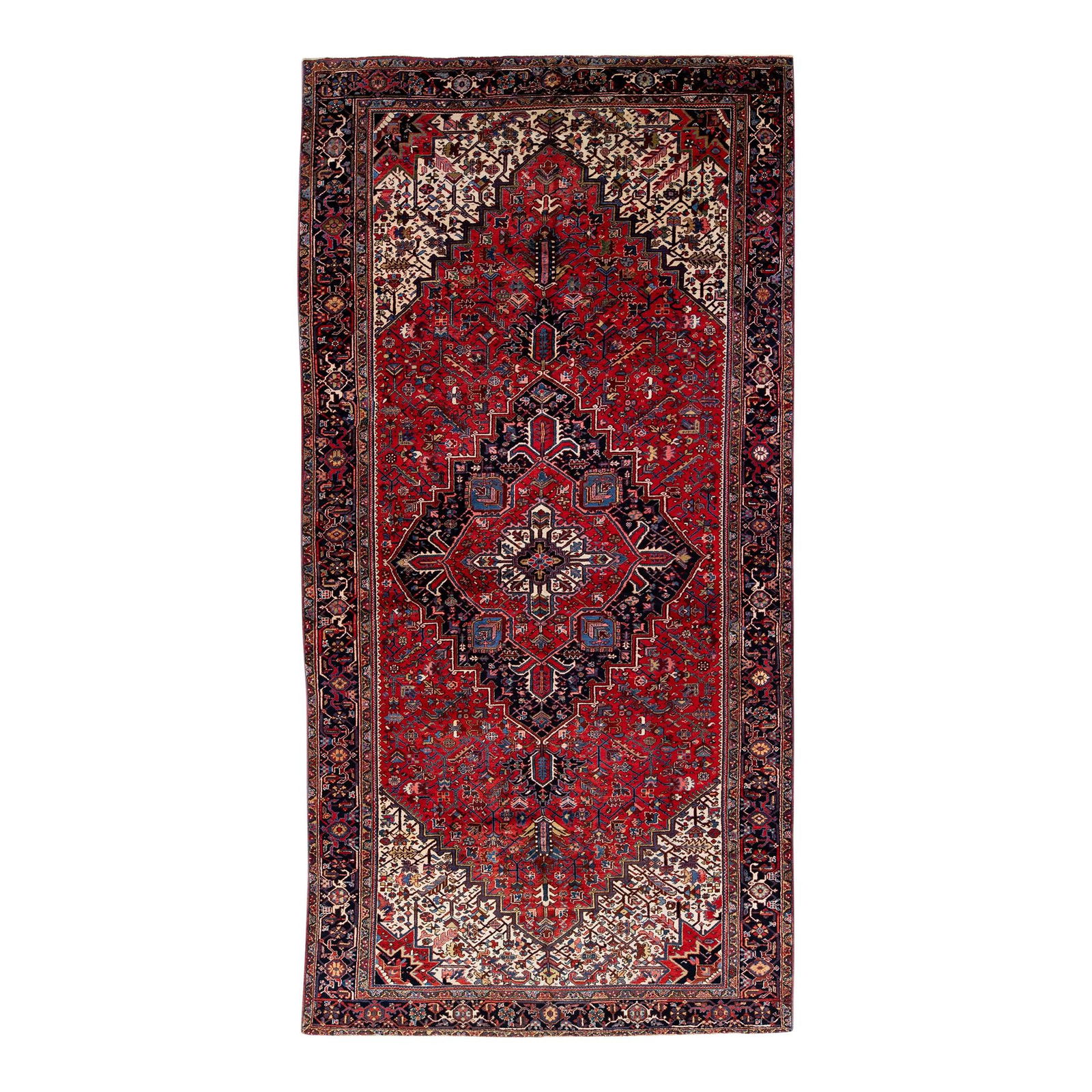 1960s Handmade Persian Heriz Wool Rug Red Medallion Design 9'3 x 19: 1960s Handmade Persian Heriz Wool Rug Red Medallion Design 9'3 x 19 Discover this exquisite vintage Persian Heriz rug, hand-knotted with care, showcasing a vibrant red field adorned with a stunning al