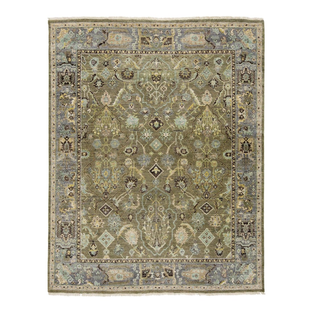 8'x10' Hand-Knotted Wool Heriz Design Rug in Muted Green: 8'x10' Hand-Knotted Wool Heriz Design Rug in Muted Green This modern Heriz-style rug is hand-knotted from premium wool and features a bold reinterpretation of classic Persian design. Showcasing a geom