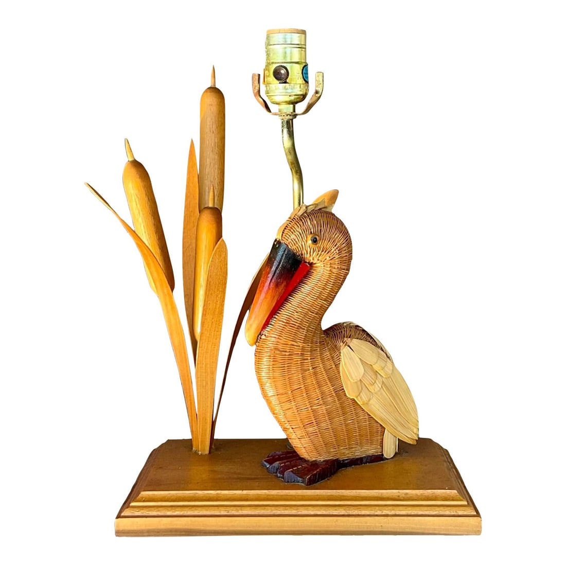 Vintage Coastal Pelican Lamp with Shanghai Weave Rattan and Brass: Vintage Coastal Pelican Lamp with Shanghai Weave Rattan and Brass Enhance your coastal decor with this stunning vintage pelican lamp, expertly crafted through the intricate Shanghai weave technique. T