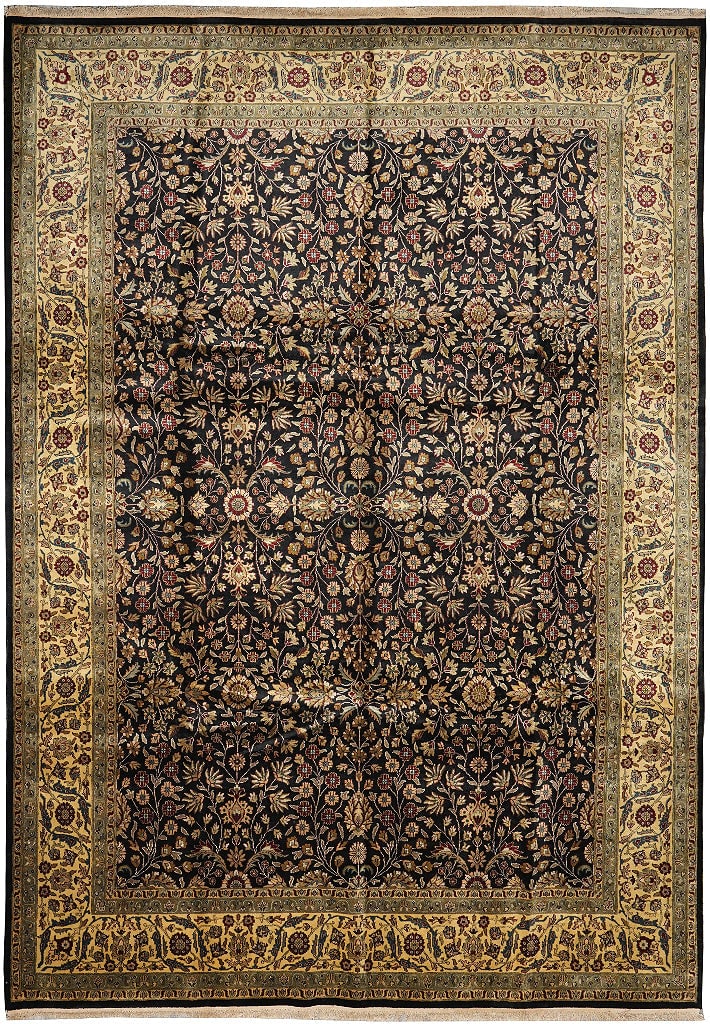 Hand-Knotted Indian Wool Kashan Rug 118 x 168 Inches Black Gold Red: Hand-Knotted Indian Wool Kashan Rug 118 x 168 Inches Black Gold Red Free continental US Shipping This hand-knotted area rug from India features a dense weave crafted from high-quality wool. The rug pr