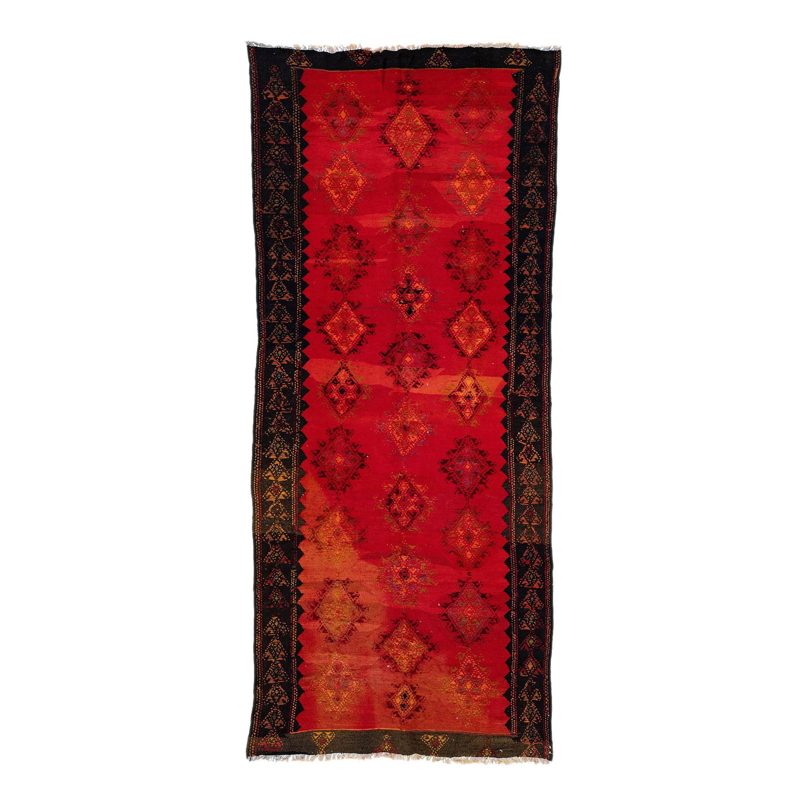 Vintage Turkish Kilim Red Handmade Wool Rug 5'3 x 12'1: Vintage Turkish Kilim Red Handmade Wool Rug 5'3 x 12'1 This exquisite vintage Turkish Kilim rug showcases a stunning hand-knotted wool construction featuring a vibrant red field complemented by a blac