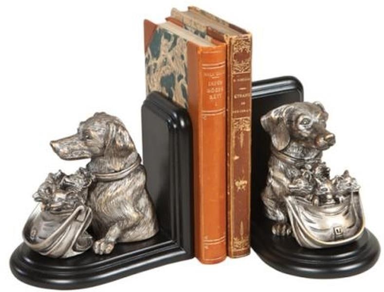 Lodge Style Resin Bookends Dog with Fox Kits Ebony Silver Finish: Lodge Style Resin Bookends Dog with Fox Kits Ebony Silver Finish Enhance your home decor with these charming lodge-style resin bookends, showcasing a delightful design featuring a dog with a basket of