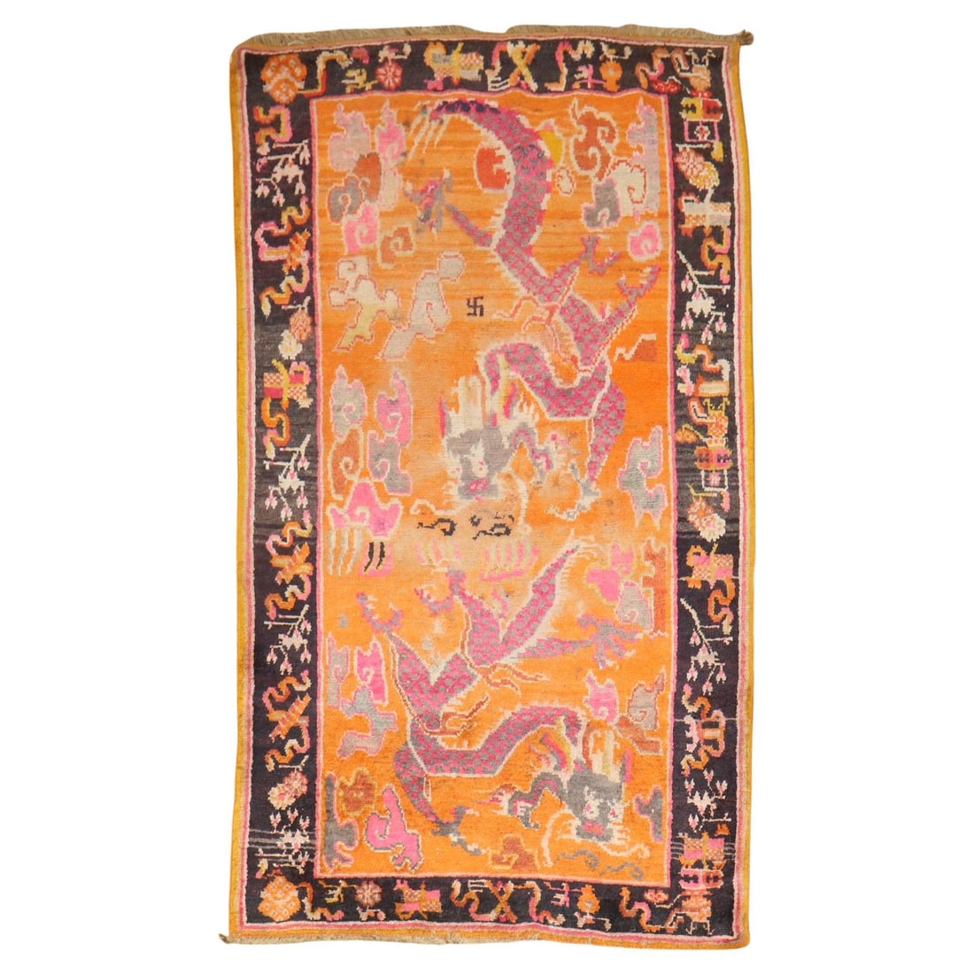 Unique Vintage Tibetan Dragon Rug Hand-Knotted Wool 3'4 x 5'7 Folk Art: Unique Vintage Tibetan Dragon Rug Hand-Knotted Wool 3'4 x 5'7 Folk Art This vibrant Orange Dragon Vintage Tibetan Rug showcases a unique dragon motif set against a bright orange background. Hand-knott