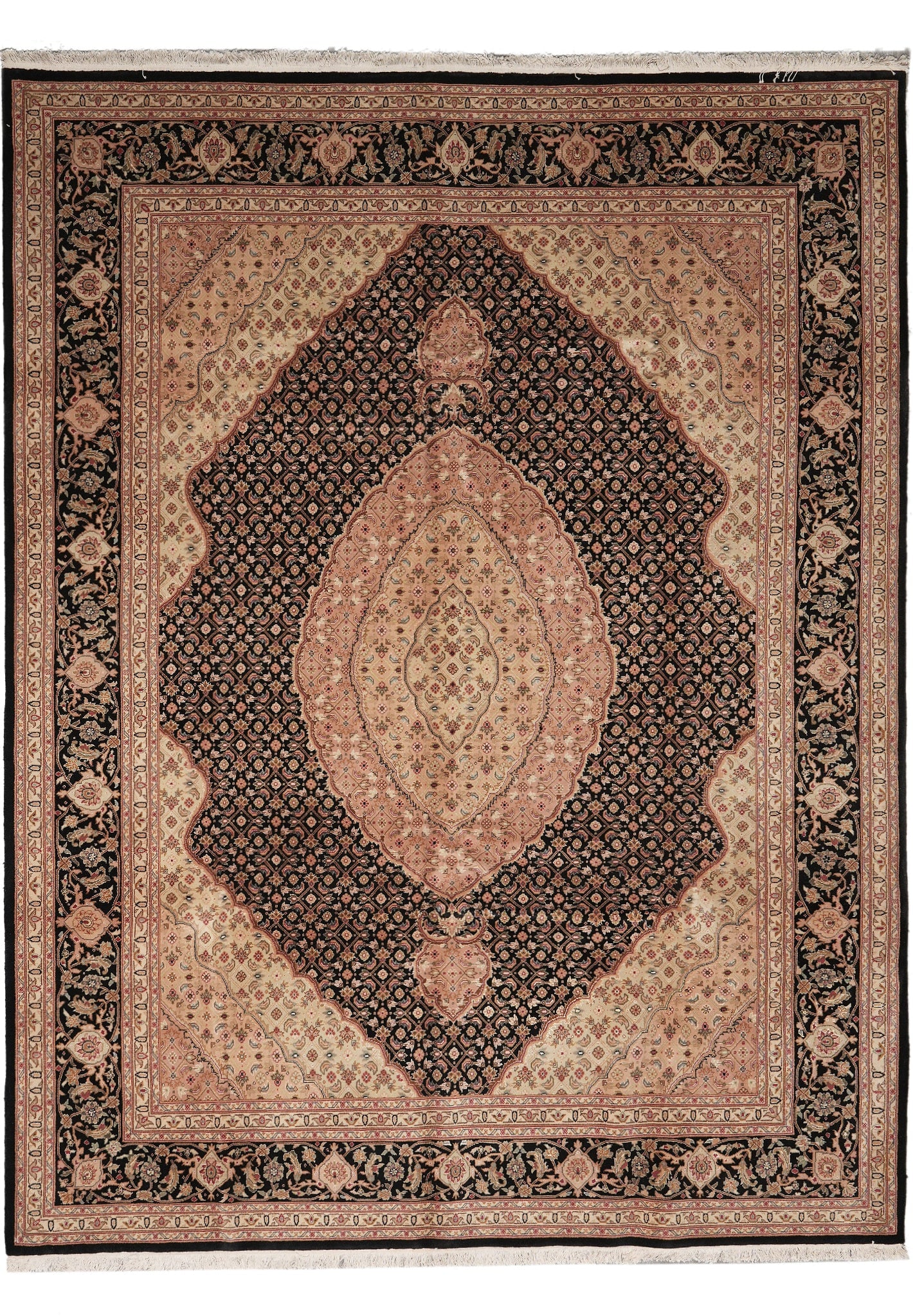 Tabriz Handmade 7.9 x 9.9 Wool Silk Area Rug Black Mahi Pattern: Tabriz Handmade 7.9 x 9.9 Wool Silk Area Rug Black Mahi Pattern Free continental US Shipping This handmade rug from Tabriz, Iran, showcases the classic Mahi (Herati) pattern with intricate rosettes an