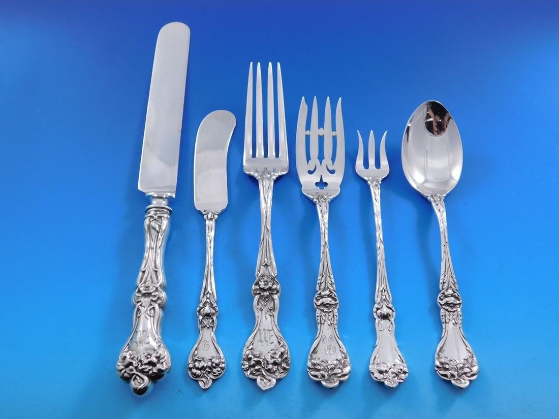 Alvin Majestic Sterling Silver Flatware Set for 12 77 Pieces Art Nouveau: Alvin Majestic Sterling Silver Flatware Set for 12 77 Pieces Art Nouveau Elevate your dining experience with the Majestic by Alvin Sterling Silver Flatware Set, designed to serve 12. This exquisite 77