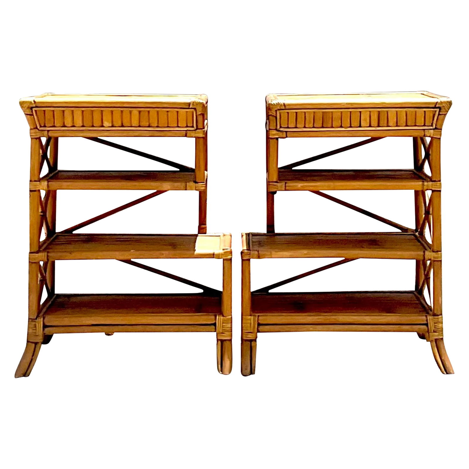 Pair of Vintage Coastal Rattan Side Tables Natural Rattan Craftsmanship: Pair of Vintage Coastal Rattan Side Tables Natural Rattan Craftsmanship Enhance your living space with this charming pair of Vintage Coastal Rattan Side Tables. Expertly crafted from natural rattan, t