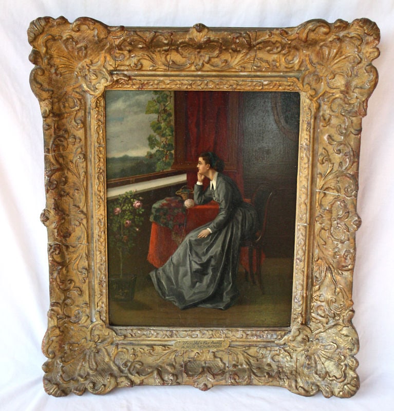 19th Century Flemish Oil Painting by Albert Roosenboom: 19th Century Flemish Oil Painting by Albert Roosenboom Discover a stunning original 19th-century oil on board painting by the renowned Flemish artist Albert Roosenboom (1845-1875), titled "Thoughts Fa