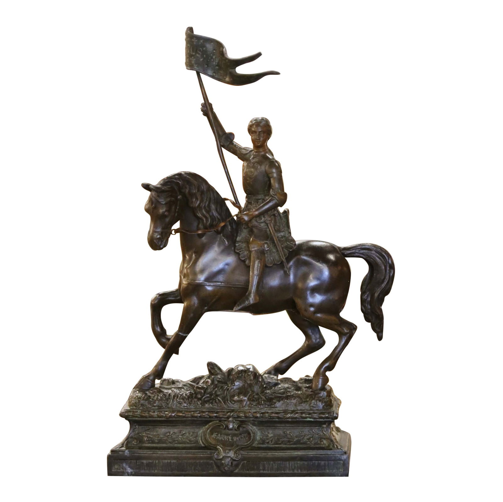 19th Century French Spelter Joan of Arc Equestrian Statue Circa 1870: 19th Century French Spelter Joan of Arc Equestrian Statue Circa 1870 This exquisite 19th Century French patinated spelter figure depicts Joan of Arc on horseback, elegantly crafted in France circa 187