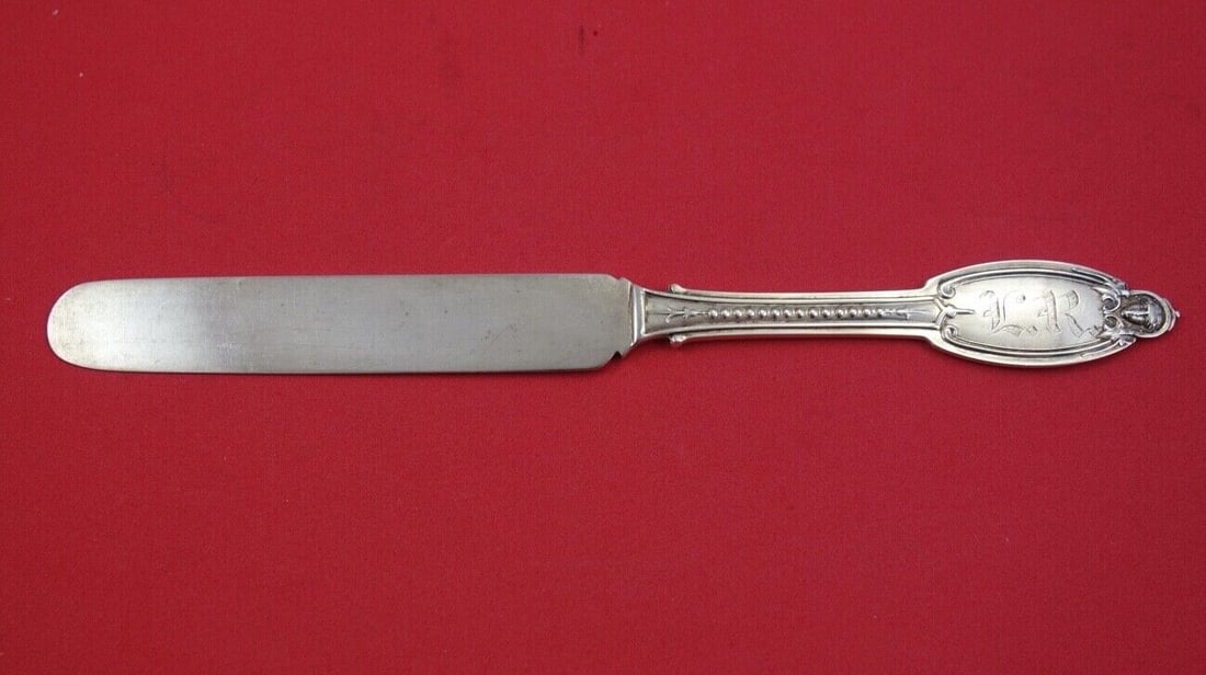 Albert Coles Kenilworth Sterling Silver Dessert Knife 1870 Monogrammed 7 3/4": Albert Coles Kenilworth Sterling Silver Dessert Knife 1870 Monogrammed 7 3/4" Presented here is a stunning dessert knife from the Kenilworth pattern, crafted by Albert Coles in 1870. This exquisite pi