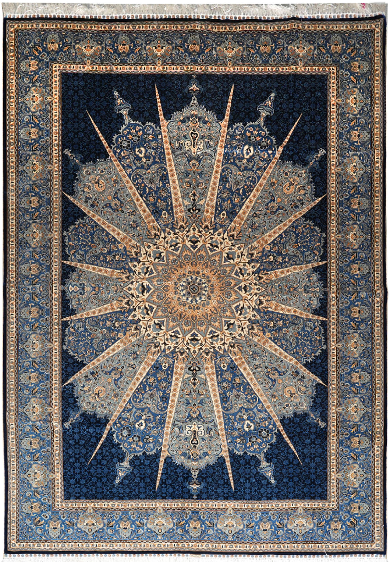 6 x 9.3 Deep Navy Dom Pattern Handmade Silk Rug: 6 x 9.3 Deep Navy Dom Pattern Handmade Silk Rug Free continental US Shipping This 6 x 9.3 silk rug features a deep navy dom pattern, expertly handmade from fine silk for a smooth and lustrous surface.