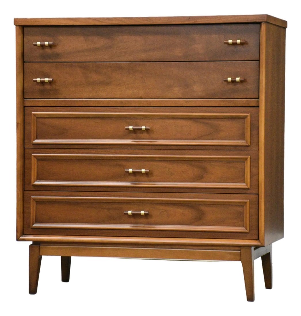 1960s Mid Century Modern Walnut Dresser with Brass Accents: 1960s Mid Century Modern Walnut Dresser with Brass Accents Discover this exquisite mid century modern tall dresser crafted from rich walnut, featuring elegant brass accent pulls and sturdy dovetail dr