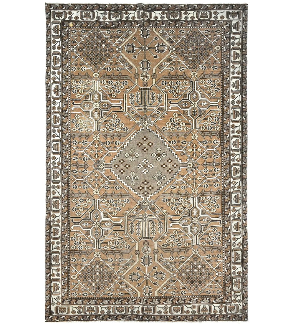 Handmade Vintage Tribal Area Rug 6'4 x 10'2 Wool Knotted Carpet: Handmade Vintage Tribal Area Rug 6'4 x 10'2 Wool Knotted Carpet Discover the charm of this Handmade Semi-Antique Oriental Rug, featuring a spacious size of 6'4" x 10'2". This area rug showcases a beau