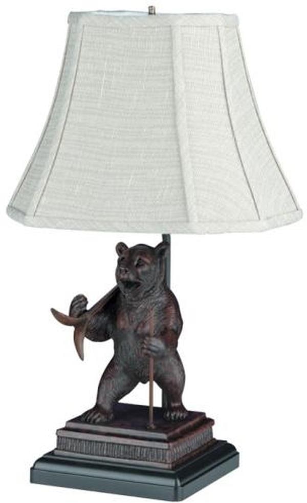 Charming Ski Bear Lamp with Linen Shade in Ebony Finish: Charming Ski Bear Lamp with Linen Shade in Ebony Finish Illuminate your space with this charming Whimsical Ski Bear Lamp, perfect for adding a touch of lodge style to any room. This hand-cast, hand-pa
