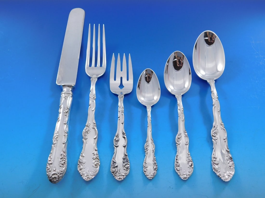 Towle Old English Sterling Silver Flatware Set for 12 74 Pieces with Rose Motif: Towle Old English Sterling Silver Flatware Set for 12 74 Pieces with Rose Motif Enhance your dining experience with this exquisite Old English Sterling Silver Flatware Set by Towle, designed for 12 se