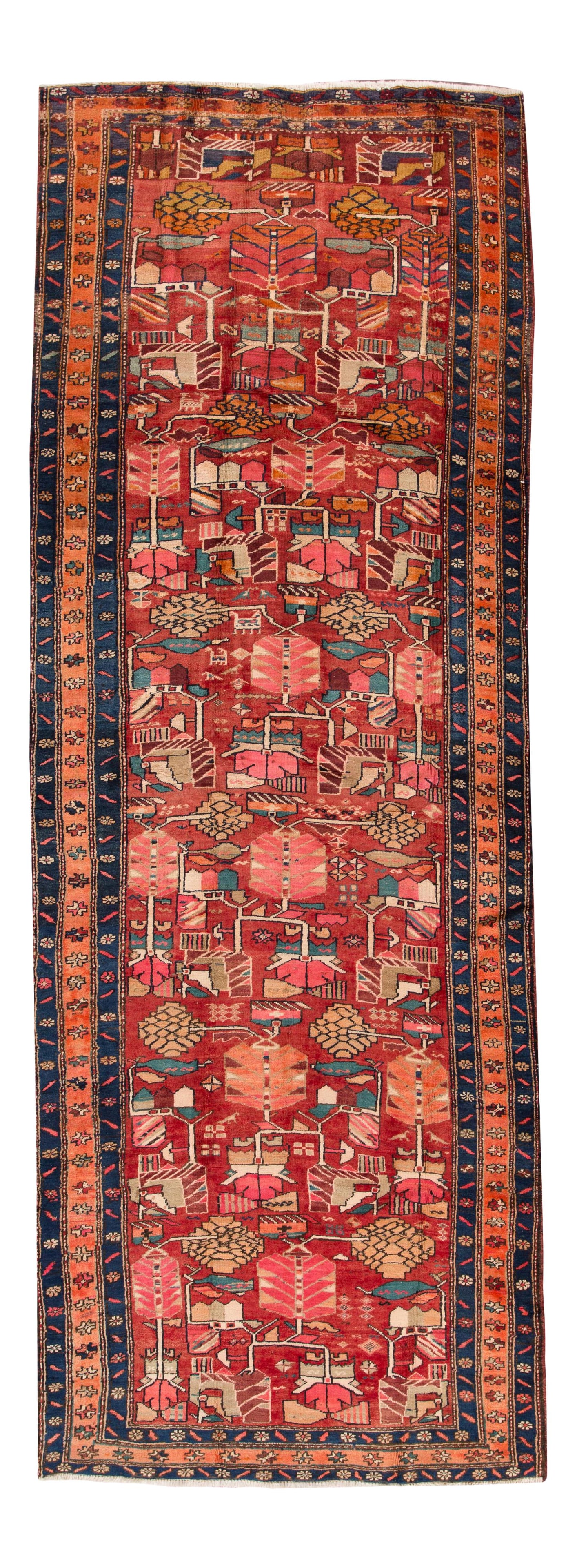Vintage Persian Hamadan Handmade Wool Runner 4'6 x 12'2 Red: Vintage Persian Hamadan Handmade Wool Runner 4'6 x 12'2 Red This stunning Vintage Persian Hamadan Handmade Wool Runner features a rich rust field adorned with vibrant multicolor accents, showcasing a