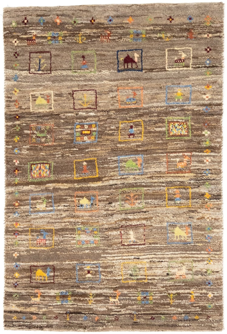 Tribal Pictorial Gabbeh Hand-Knotted Wool Rug 2'8 x 4'1: Tribal Pictorial Gabbeh Hand-Knotted Wool Rug 2'8 x 4'1 Enhance your space with this stunning hand-knotted Gabbeh Oriental rug, featuring a captivating tribal pictorial design. Measuring 2'8" x 4'1",