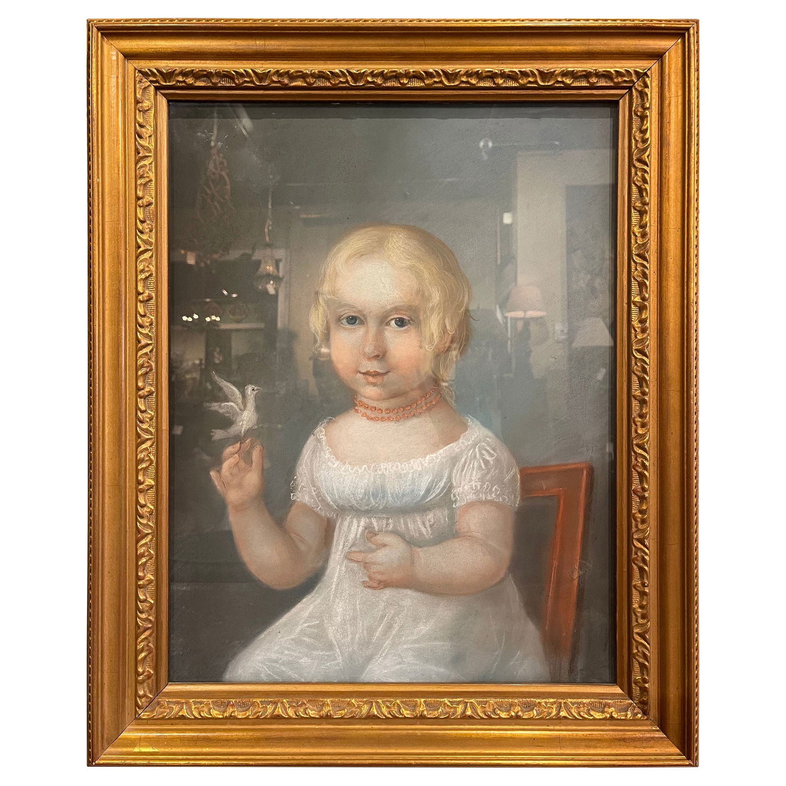 Antique French Pastel Portrait of Girl with Bird in Gilt Frame 1880: Antique French Pastel Portrait of Girl with Bird in Gilt Frame 1880 Add a touch of elegance to your decor with this stunning late 19th-century French pastel portrait of a young girl. Created circa 188