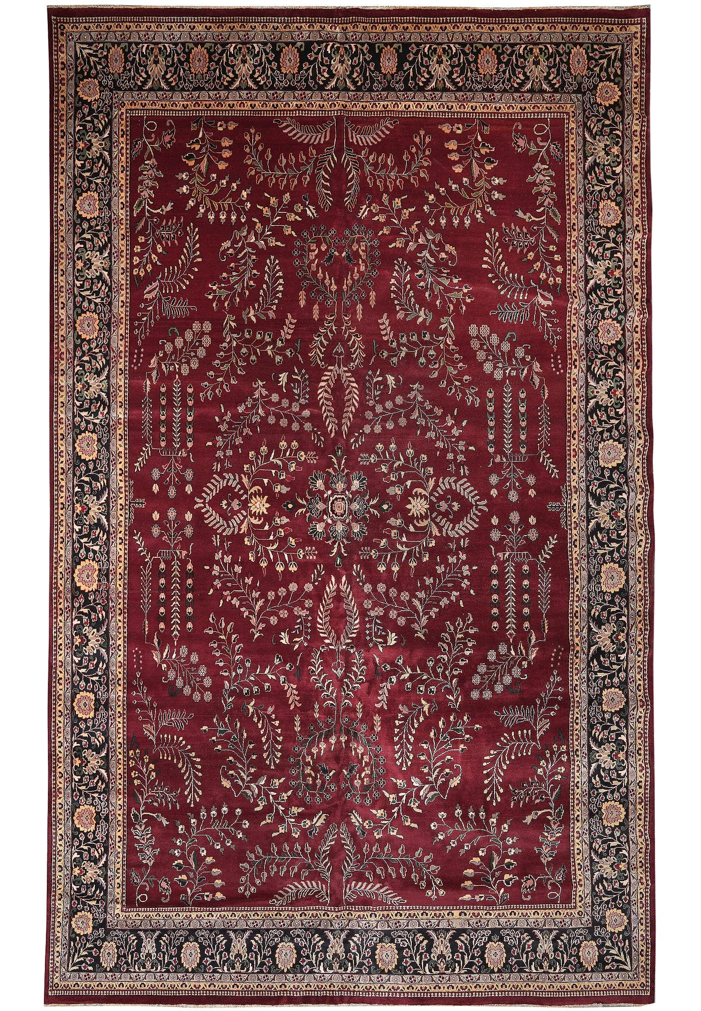 Handmade Sarouk Wool Rug 12.8 x 20.5 Ft Burgundy Persian Kerman Design: Handmade Sarouk Wool Rug 12.8 x 20.5 Ft Burgundy Persian Kerman Design Free continental US Shipping This handmade Sarouk wool rug features a spacious open field design in rich burgundy red tones, acce
