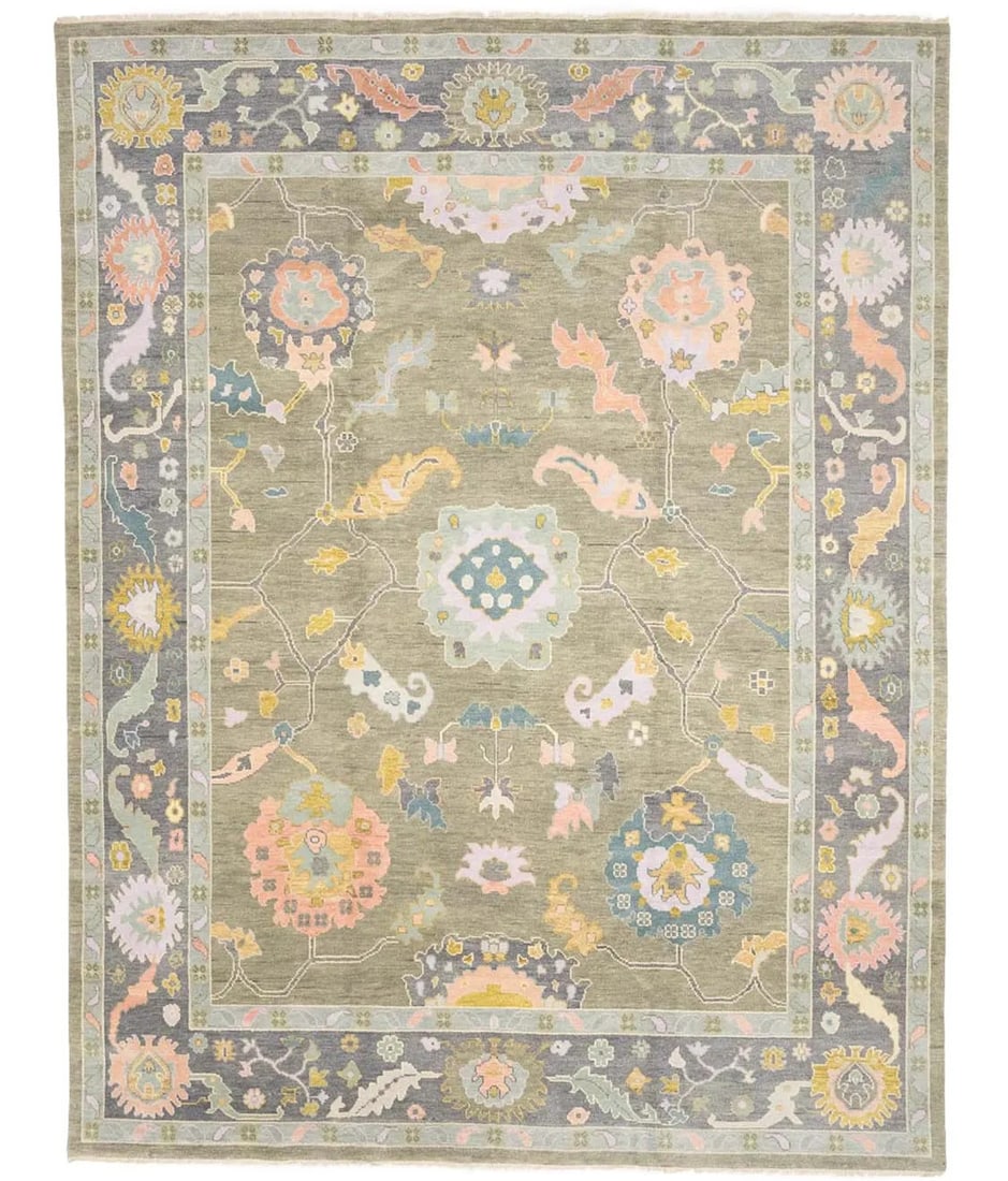Hand-Knotted Wool Oushak Area Rug 10'0 x 13'0 Modern Floral Pattern: Hand-Knotted Wool Oushak Area Rug 10'0 x 13'0 Modern Floral Pattern This handmade Oushak Oriental rug features a muted floral pattern in pastel shades of brown, taupe, cream, and salmon orange. Expert