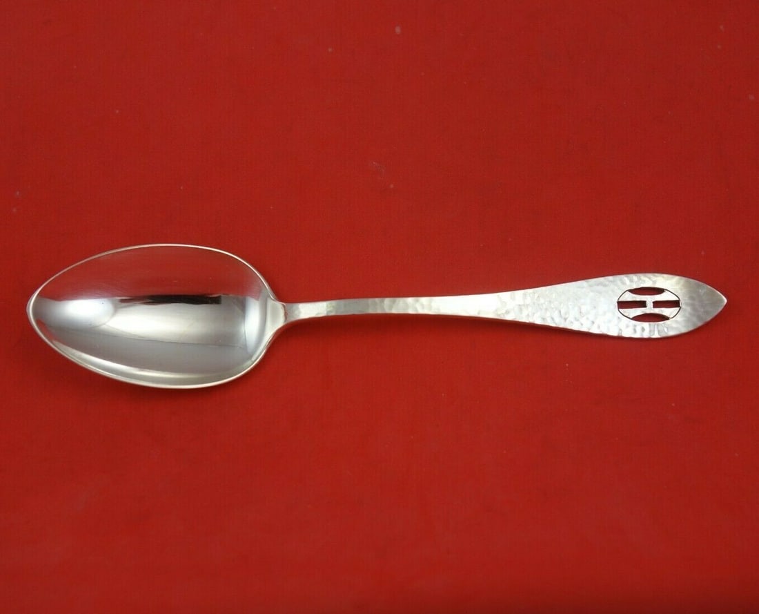 Shreve Sterling Silver Antique Hammered Soup Spoon 7" with Pierced Monogram H: Shreve Sterling Silver Antique Hammered Soup Spoon 7" with Pierced Monogram H This exquisite antique hammered place soup spoon is crafted from high-quality sterling silver by Shreve. Measuring 7 inche