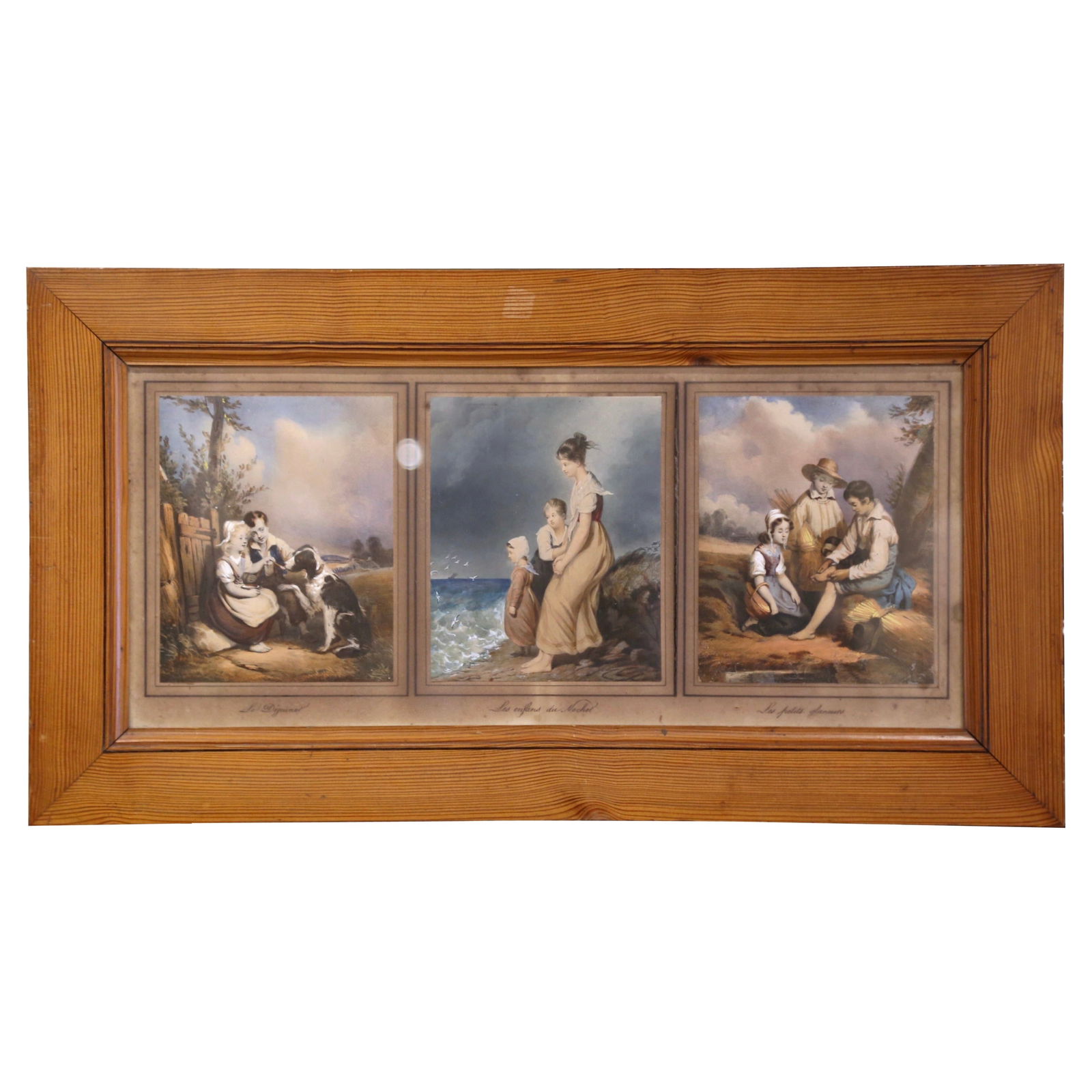 French Pine Framed Set of Three 19th Century Watercolors Under Glass: French Pine Framed Set of Three 19th Century Watercolors Under Glass This antique piece features three hand-painted French watercolor pictures from the mid-19th century, each titled "Le Dejeuner," "Le