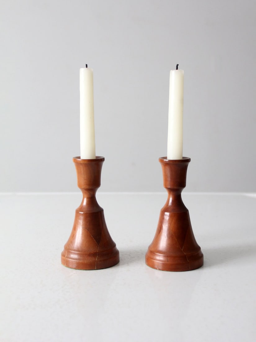 Charming Vintage Wooden Candle Holders Pair 5.75 Inch: Charming Vintage Wooden Candle Holders Pair 5.75 Inch Enhance your home decor with this charming pair of vintage wooden candlestick holders. Crafted from turned wood, these candle holders feature a be