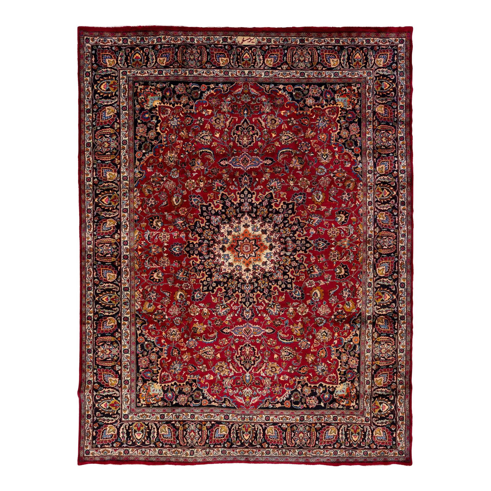Vintage Handmade Mashad Wool Rug Red Multicolor 9'9 x 12'9: Vintage Handmade Mashad Wool Rug Red Multicolor 9'9 x 12'9 This exquisite Vintage Handmade Mashad Wool Rug showcases a captivating multicolor allover motif set against a striking red field. Measuring