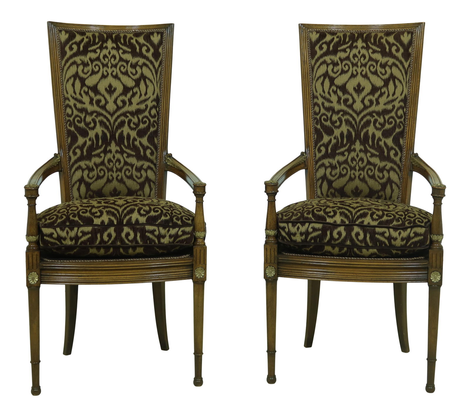 Elegant Pair of French Louis XVI Style Open Armchairs with Gold Accents: Elegant Pair of French Louis XVI Style Open Armchairs with Gold Accents This exquisite pair of French Louis XVI style open armchairs features elegant gold accents and nice tall backs, making them a st