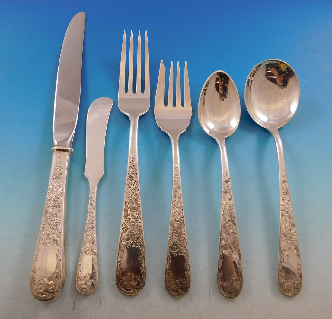 Kirk Old Maryland Engraved Sterling Silver Flatware Set 50 Pieces for 8: Kirk Old Maryland Engraved Sterling Silver Flatware Set 50 Pieces for 8 Presenting the Old Maryland Engraved Sterling Silver Flatware Set, crafted by Kirk, designed to serve 8 people with a total of 5