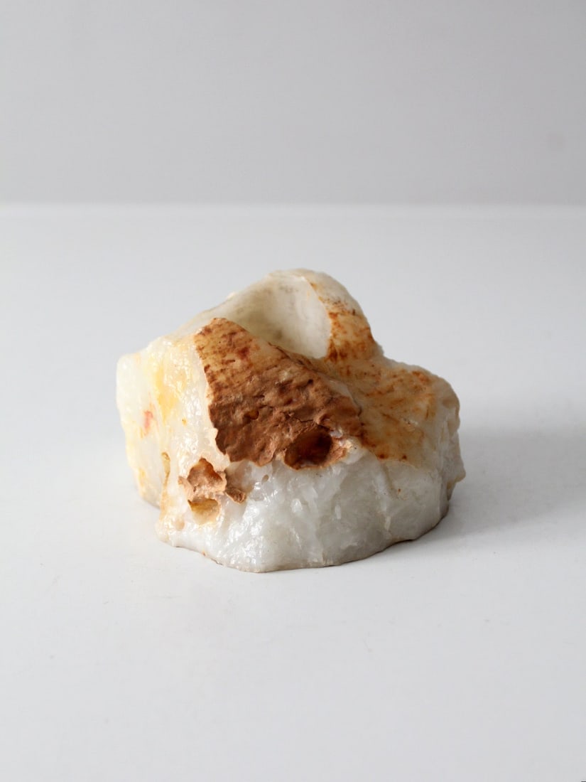 Solid Onyx Sculptural Candle Holder with Natural Veining: Solid Onyx Sculptural Candle Holder with Natural Veining This vintage candle holder is expertly carved from solid onyx stone, featuring soft translucence, natural veining, and an irregular sculptural