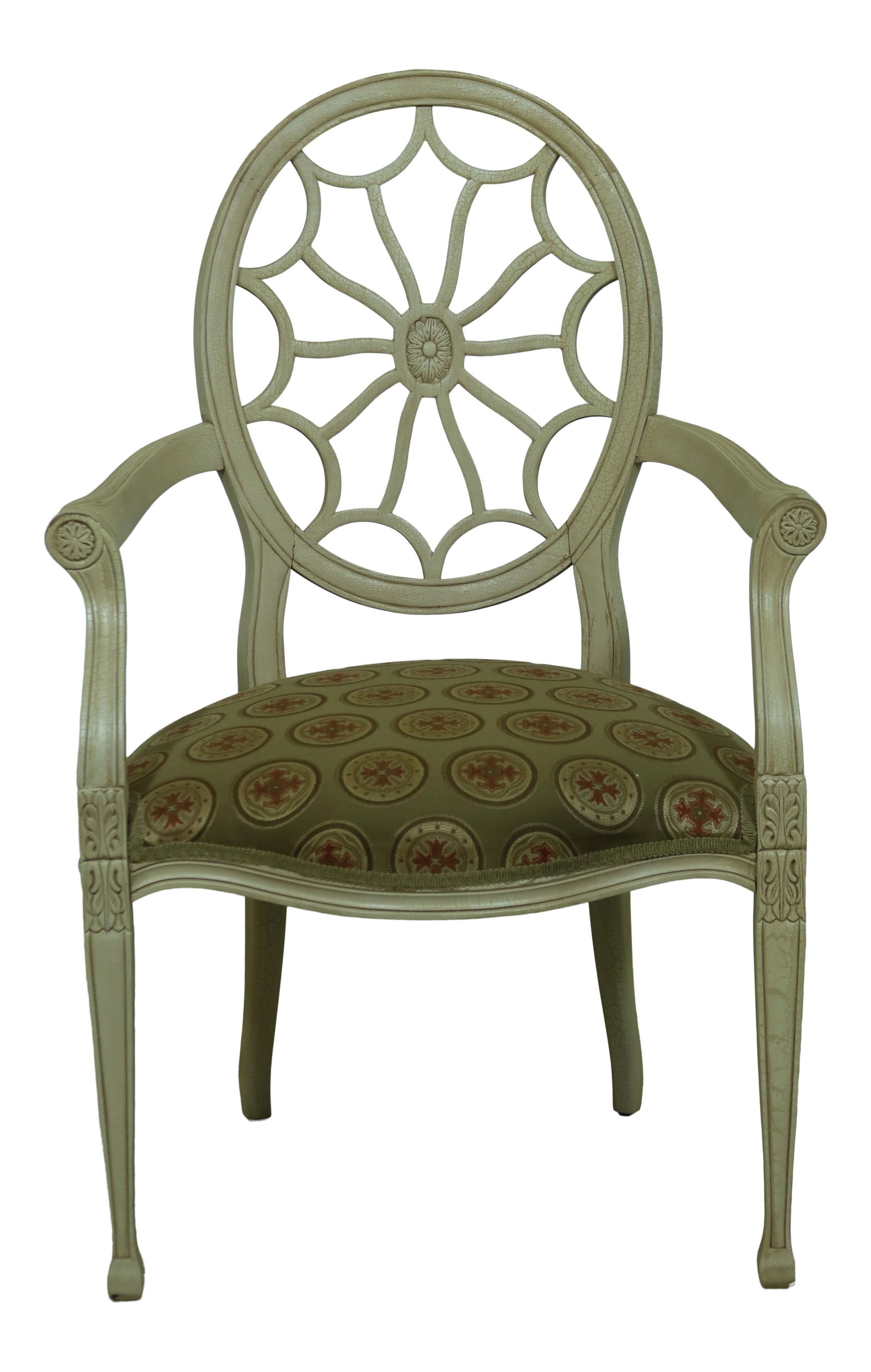 Key City Distressed Open Armchair Wheel Back White Paint: Key City Distressed Open Armchair Wheel Back White Paint This Key City Distressed Finish Painted Open Armchair features a timeless design with a clean upholstered seat and a unique wheel back design.