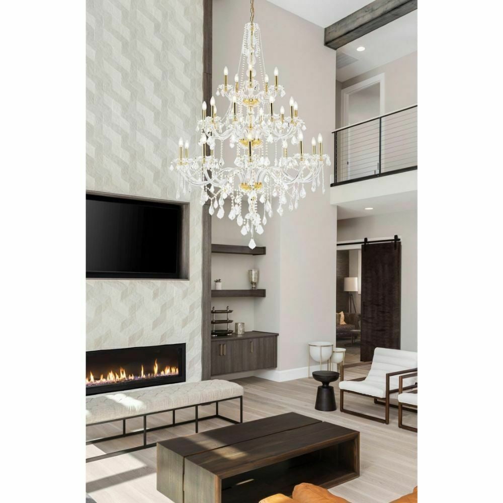 Verona 25 Light Gold Crystal Foyer Pendant 57 Inch: Verona 25 Light Gold Crystal Foyer Pendant 57 Inch Illuminate your space with this stunning large foyer pendant chandelier featuring 25 lights. This modern chandelier combines elegance and functionali