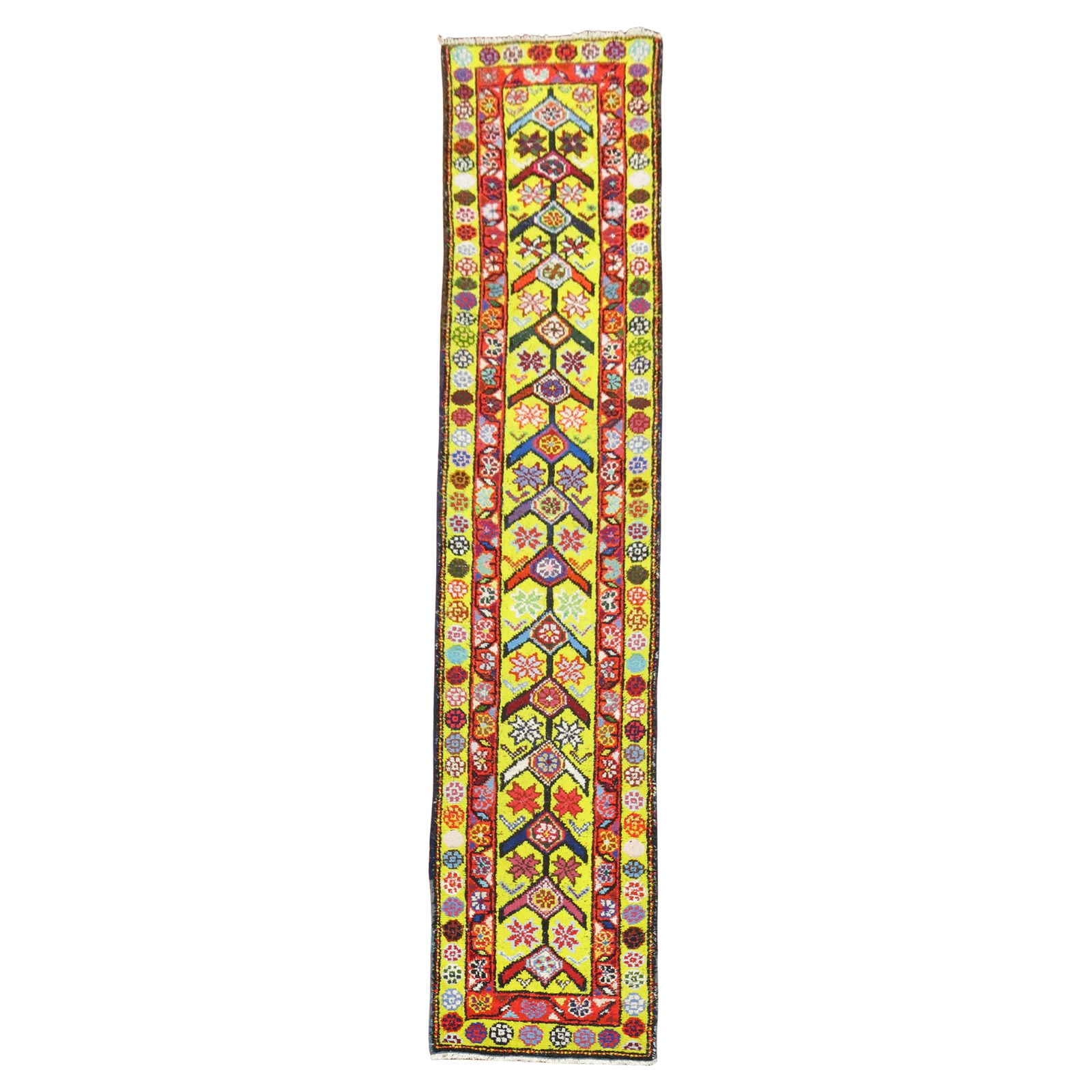 Vibrant Yellow Turkish Runner 32 x 146 in Gothic Revival Wool Hand-Woven: Vibrant Yellow Turkish Runner 32 x 146 in Gothic Revival Wool Hand-Woven This stunning bright yellow Turkish Anatolian runner is a beautiful example of Gothic Revival style. Hand-woven with high-quali