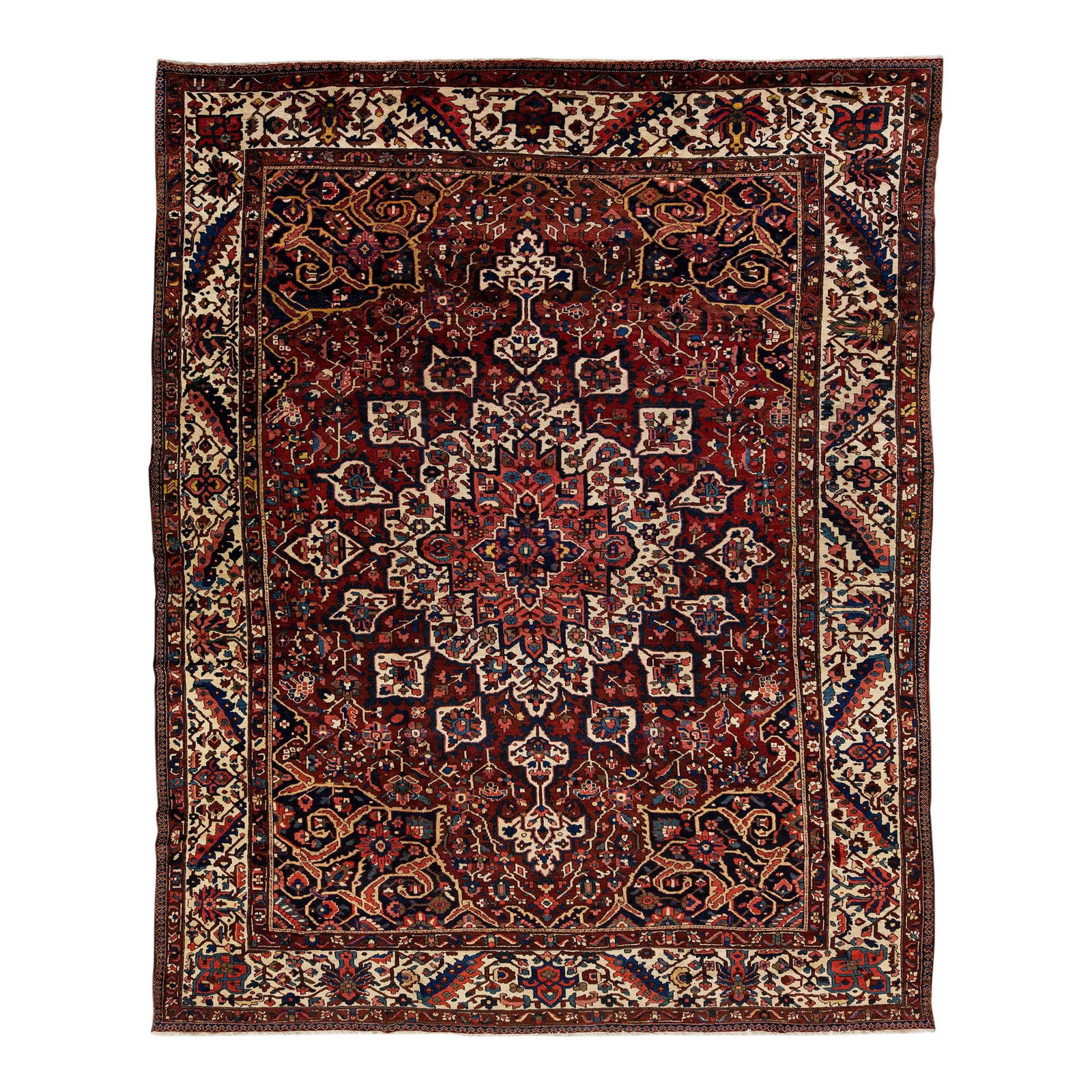 Antique Persian Bakhtiari Wool Rug Red Medallion 12'1 x 15'6: Antique Persian Bakhtiari Wool Rug Red Medallion 12'1 x 15'6 This exquisite Antique Bakhtiari rug features a striking red field adorned with a classic Medallion motif. Hand-knotted from high-quality w