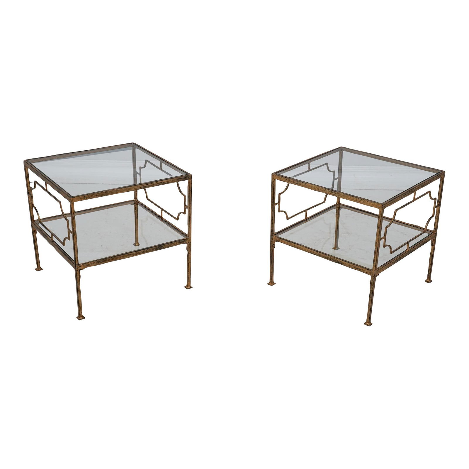 Stylish Pair of Gold Finish Glass Top End Tables: Stylish Pair of Gold Finish Glass Top End Tables This pair of modern design end tables features a stylish gold finish that complements their elegant glass tops. Crafted with quality iron bases adorned