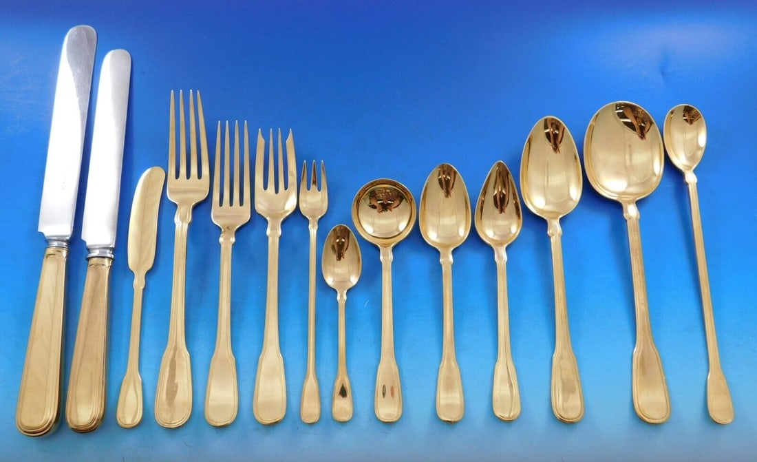 Tiffany Hamilton Vermeil Sterling Silver Flatware Set 179 pcs Art Deco: Tiffany Hamilton Vermeil Sterling Silver Flatware Set 179 pcs Art Deco Experience timeless elegance with this Hamilton Vermeil by Tiffany Sterling Silver Flatware Set, featuring a stunning Art Deco de