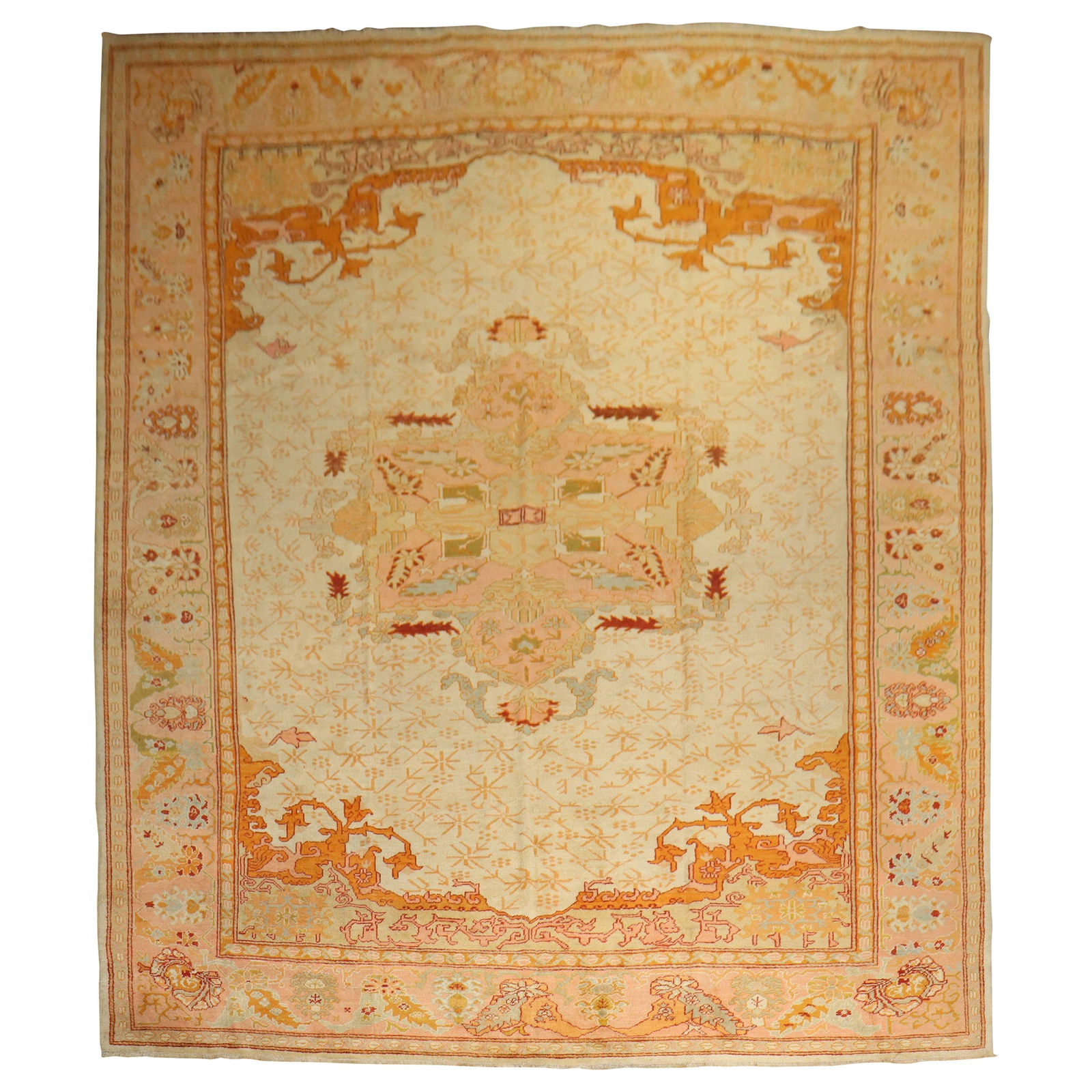 Antique Large Oushak Rug 11'8 x 15'6 Angora Wool Hollywood Regency: Antique Large Oushak Rug 11'8 x 15'6 Angora Wool Hollywood Regency This stunning Zabihi Collection Ivory Antique Large Oushak Rug showcases exquisite craftsmanship and timeless elegance. Measuring 11'