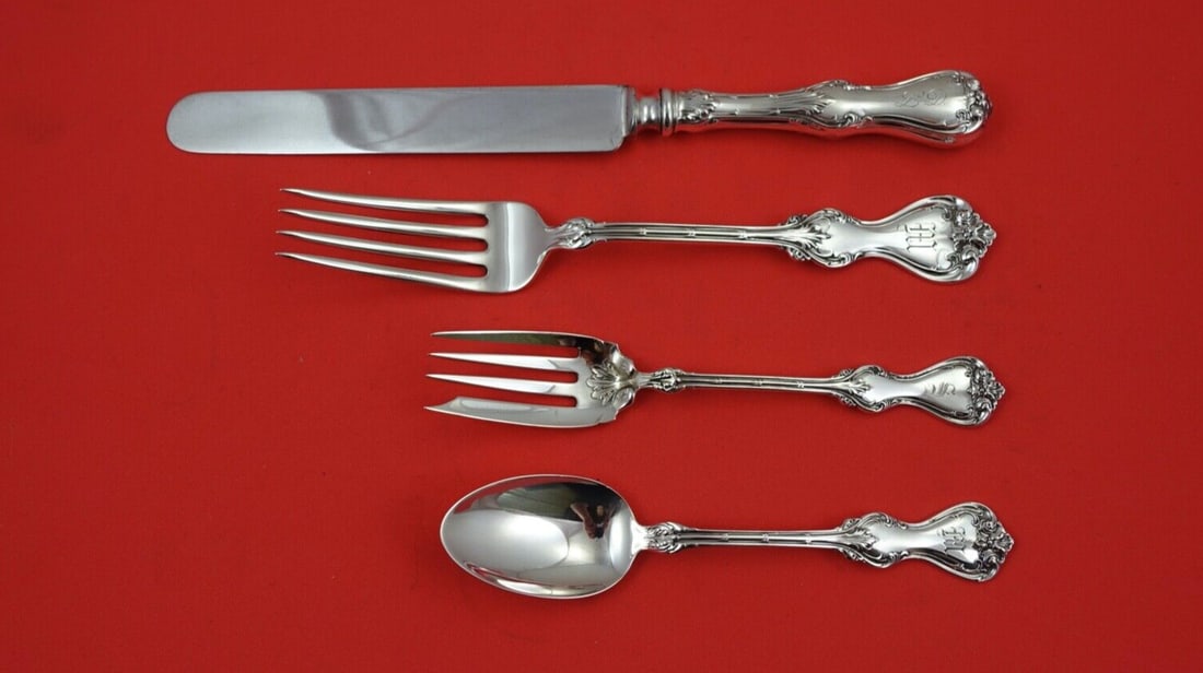 Whiting Duke of York Sterling Silver 4-Piece Dinner Set with Monogram: Whiting Duke of York Sterling Silver 4-Piece Dinner Set with Monogram Elevate your dining experience with this exquisite 4-piece place setting from the Duke of York pattern by Whiting. Crafted from hi